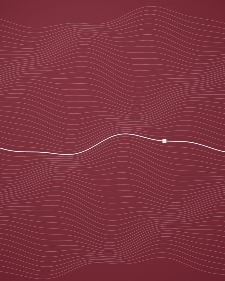 Oxblood line drawing of flowing parallel lines with one bright line
